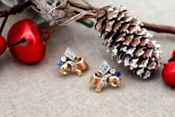Hot Pamono Flower-Shaped Gold Earrings with Diamond Chips and Two Synthetic Garnet Stones, Set of 2