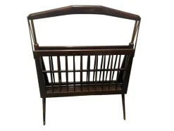 Pamono Folding Magazine Rack in Stained Wood and Brass by Cesare Lacca, Italy, 1950s> Magazine Racks