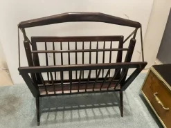 Pamono Folding Magazine Rack in Stained Wood and Brass by Cesare Lacca, Italy, 1950s><noscript><img width=