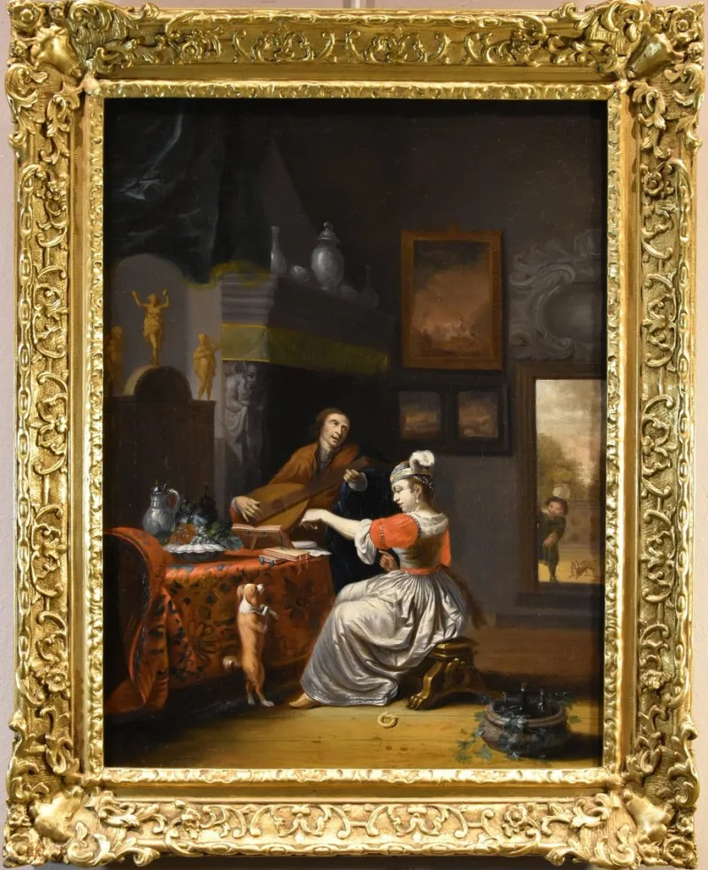 New Pamono Follower of Gabriel Metsu, Lute Player, 1720, Oil on Canvas, Framed