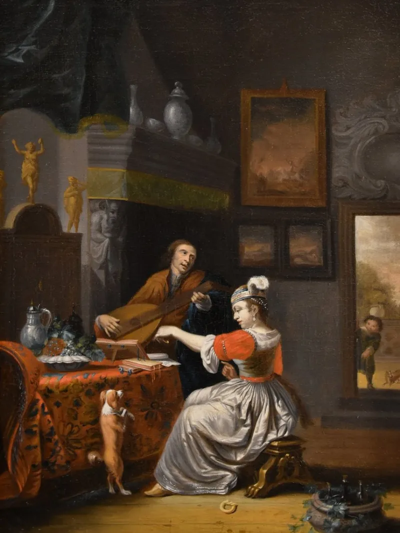 New Pamono Follower of Gabriel Metsu, Lute Player, 1720, Oil on Canvas, Framed