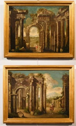 Pamono Follower of Niccolò Codazzi, Capricci Landscapes, 1700, Oil on Canvases, Framed, Set of 2> Old Masters|Classical
