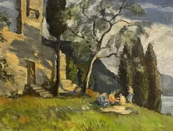 Best Pamono Fossombrone, Landscape with Figures, 20th Century, Oil Painting on Panel, Framed