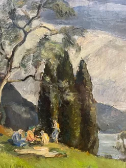 Best Pamono Fossombrone, Landscape with Figures, 20th Century, Oil Painting on Panel, Framed