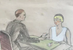 Pamono France Lambert, The Card Game, 1925, Signed Watercolor> Work On Paper