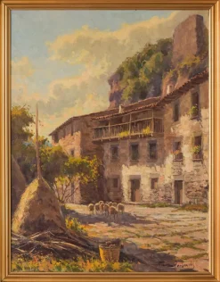 New Pamono Francesc Carbonell Massabe, Farmyard with Sheep, 20th-Century, Oil on Canvas, Framed