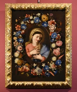 Pamono Francesco Trevisani & Niccolò Stanchi, Garland of Flowers Still Life with Virgin, 1600s, Oil on Canvas> Old Masters|Classical