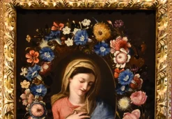 Pamono Francesco Trevisani & Niccolò Stanchi, Garland of Flowers Still Life with Virgin, 1600s, Oil on Canvas><noscript><img width=