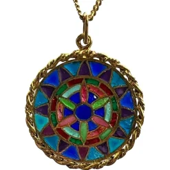 Pamono French 18 Karat Yellow Gold and Enamel Window Plique a Jour Pendant Medal, 1950s> Necklaces
