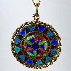 Pamono French 18 Karat Yellow Gold and Enamel Window Plique a Jour Pendant Medal, 1950s><noscript><img width=