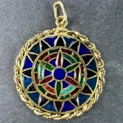 Pamono French 18 Karat Yellow Gold and Enamel Window Plique a Jour Pendant Medal, 1950s><noscript><img width=
