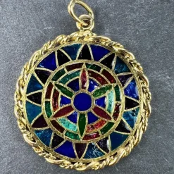 Pamono French 18 Karat Yellow Gold and Enamel Window Plique a Jour Pendant Medal, 1950s><noscript><img width=