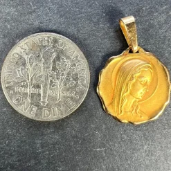 Pamono French 18 Karat Yellow Gold Virgin Mary Religious Medal Pendant, 1960s><noscript><img width=