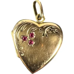 Best Pamono French 18 Karat Yellow Gold and Red Ruby Heart Locket Flower Charm Pendant, 1920s