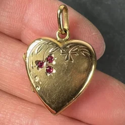 Best Pamono French 18 Karat Yellow Gold and Red Ruby Heart Locket Flower Charm Pendant, 1920s