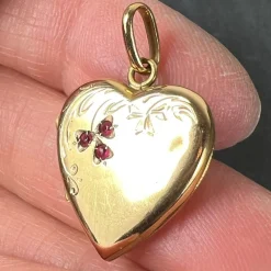 Best Pamono French 18 Karat Yellow Gold and Red Ruby Heart Locket Flower Charm Pendant, 1920s