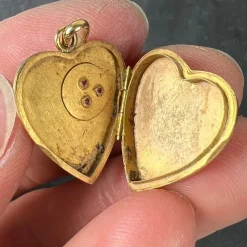 Best Pamono French 18 Karat Yellow Gold and Red Ruby Heart Locket Flower Charm Pendant, 1920s
