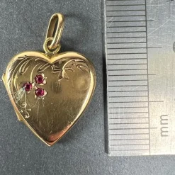 Best Pamono French 18 Karat Yellow Gold and Red Ruby Heart Locket Flower Charm Pendant, 1920s