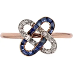 Pamono French Art Deco 18 Karat Rose Gold Staple Ring with Sapphires & Diamonds, 1920s> Rings