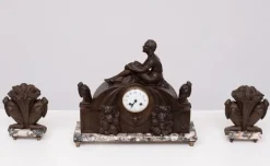 Pamono French Art Deco Clock with Stylized Birds and Garniture, 1910, Set of 3><noscript><img width=