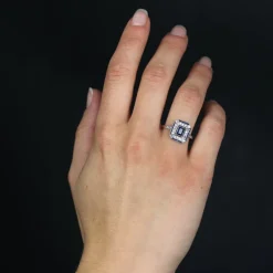 Hot Pamono French Art Deco Sapphire Diamonds Platinum Rectangular Ring, 1920s