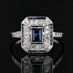 Hot Pamono French Art Deco Sapphire Diamonds Platinum Rectangular Ring, 1920s