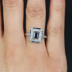 Hot Pamono French Art Deco Sapphire Diamonds Platinum Rectangular Ring, 1920s
