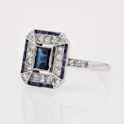 Hot Pamono French Art Deco Sapphire Diamonds Platinum Rectangular Ring, 1920s