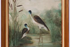 Pamono French Artist, Birds in Water, 1960s, Large Oil on Canvas, Framed> Mid-Century