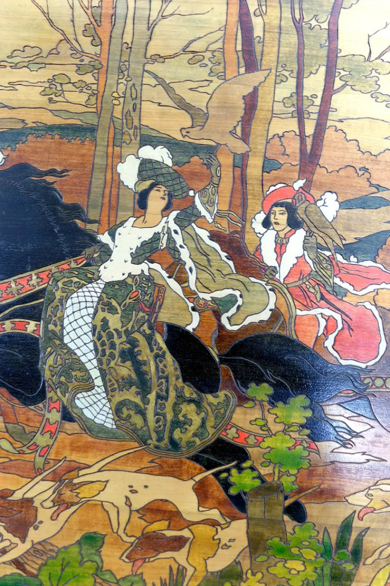 Pamono French Artist, Medieval Hunting Scene, 1900, Pyrograph> Art Nouveau