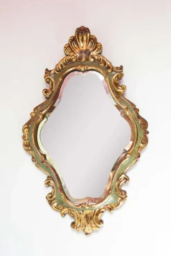 Pamono French Baroque Style Mirror in Gilt and Green Beveled Glass, 1960s> Mirrors