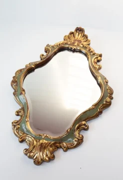 Pamono French Baroque Style Mirror in Gilt and Green Beveled Glass, 1960s><noscript><img width=
