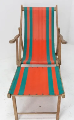 Pamono French Beech & Fabric Folding Deck Chair><noscript><img width=