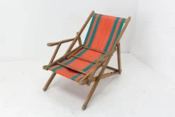 Pamono French Beech & Fabric Folding Deck Chair><noscript><img width=