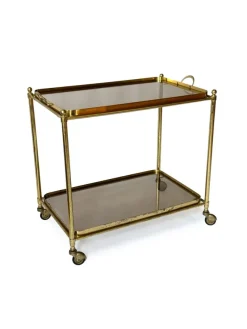 Pamono French Brass and Smoked Glass Bar Cart, 1960s> Serving Bar Carts & Trolleys