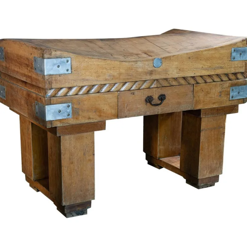 Pamono French Butcher's Block on Original Stand in Brown Beech, Early 20th Century