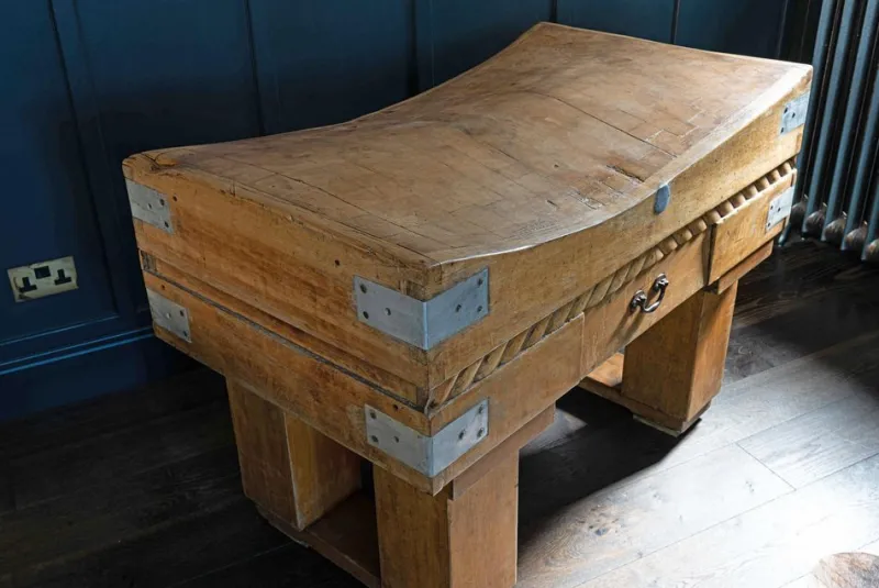Pamono French Butcher's Block on Original Stand in Brown Beech, Early 20th Century