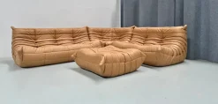 Online Pamono French Camel Brown Leather Togo Living Room Set attributed to Michel Ducaroy for Ligne Roset, Set of 4