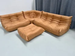 Online Pamono French Camel Brown Leather Togo Living Room Set attributed to Michel Ducaroy for Ligne Roset, Set of 4