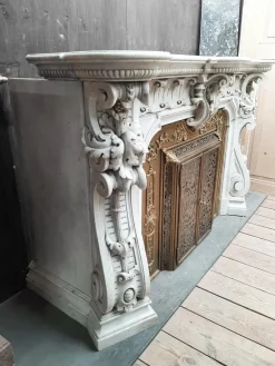 Pamono French Carved Marble Fireplace with Original Brass Insert, 1880><noscript><img width=