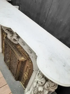 Pamono French Carved Marble Fireplace with Original Brass Insert, 1880><noscript><img width=