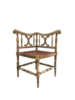 Pamono French Carved Wood Corner Chair with Woven Rush Seat, Early 20th Century> Side Chairs & Dining Chairs