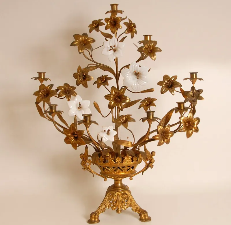Clearance Pamono French Church Candelabra in Gold Bronze and Brass White Opaline Glass Flowers, 1890s, Set of 2