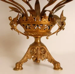 Clearance Pamono French Church Candelabra in Gold Bronze and Brass White Opaline Glass Flowers, 1890s, Set of 2