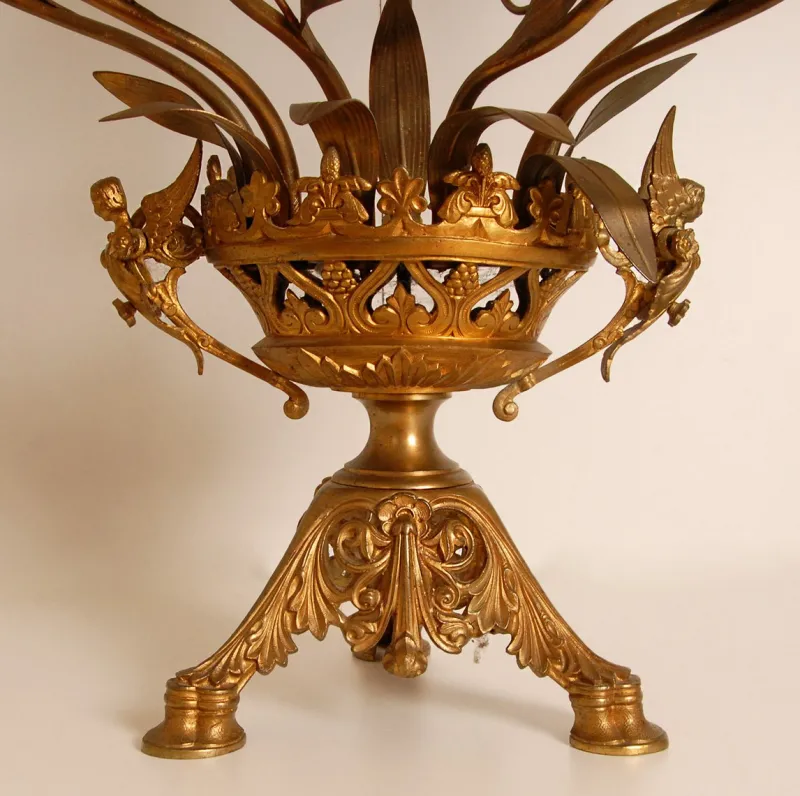 Clearance Pamono French Church Candelabra in Gold Bronze and Brass White Opaline Glass Flowers, 1890s, Set of 2