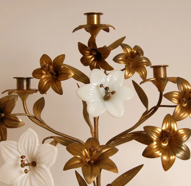 Clearance Pamono French Church Candelabra in Gold Bronze and Brass White Opaline Glass Flowers, 1890s, Set of 2