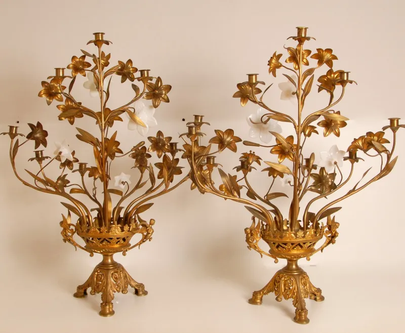 Clearance Pamono French Church Candelabra in Gold Bronze and Brass White Opaline Glass Flowers, 1890s, Set of 2