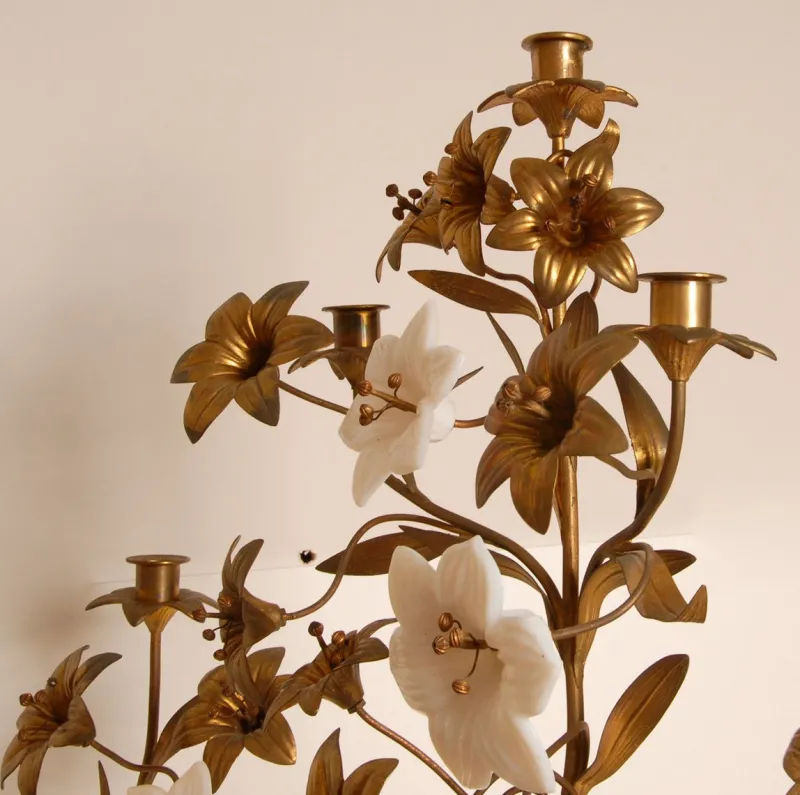 Clearance Pamono French Church Candelabra in Gold Bronze and Brass White Opaline Glass Flowers, 1890s, Set of 2