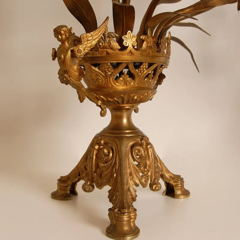 Clearance Pamono French Church Candelabra in Gold Bronze and Brass White Opaline Glass Flowers, 1890s, Set of 2