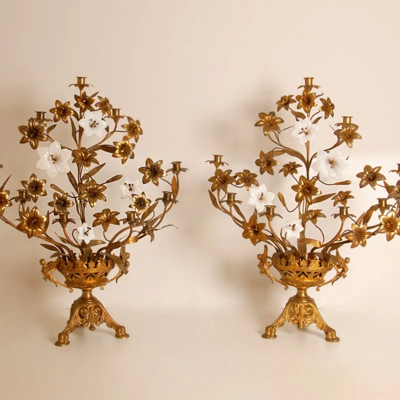 Clearance Pamono French Church Candelabra in Gold Bronze and Brass White Opaline Glass Flowers, 1890s, Set of 2